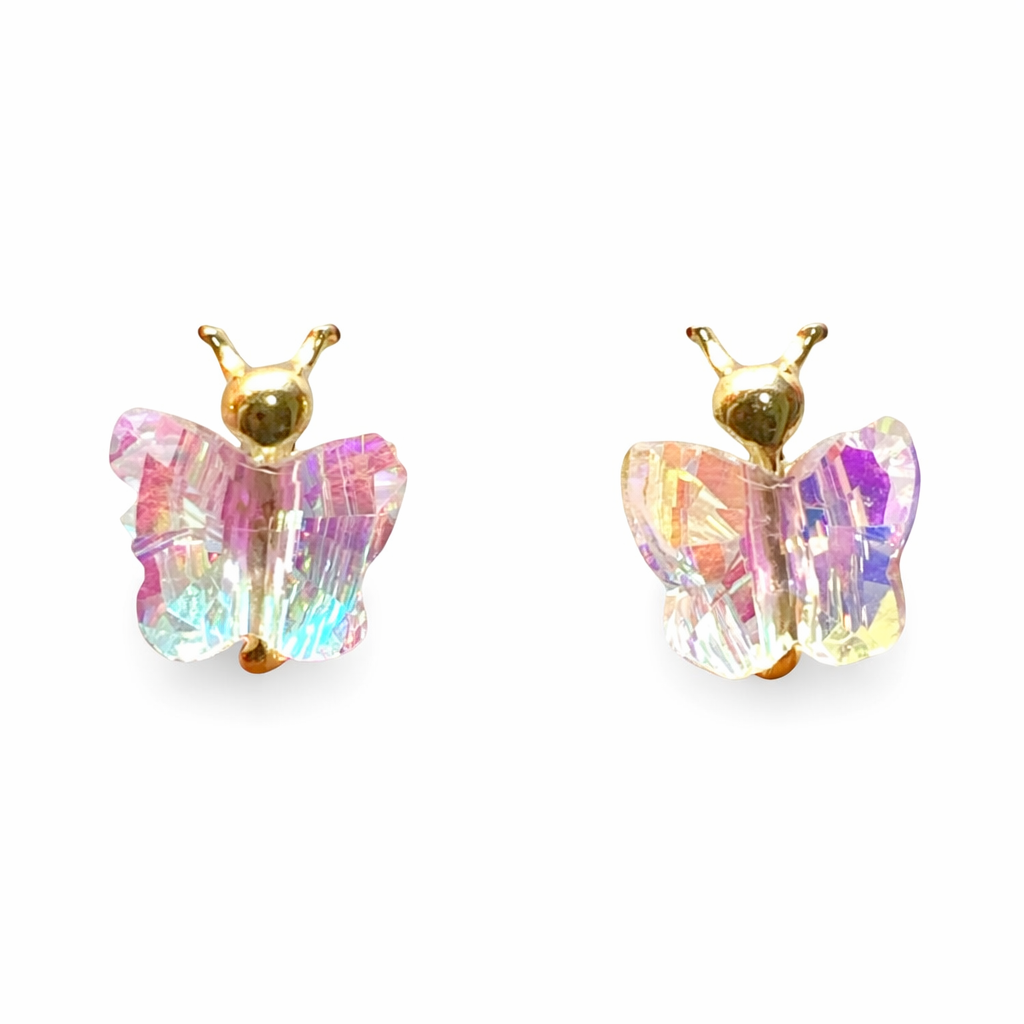 Broquel de mariposa en cristal y oro de 10K de Joyería ROMA, con detalles brillantes y diseño delicado.
