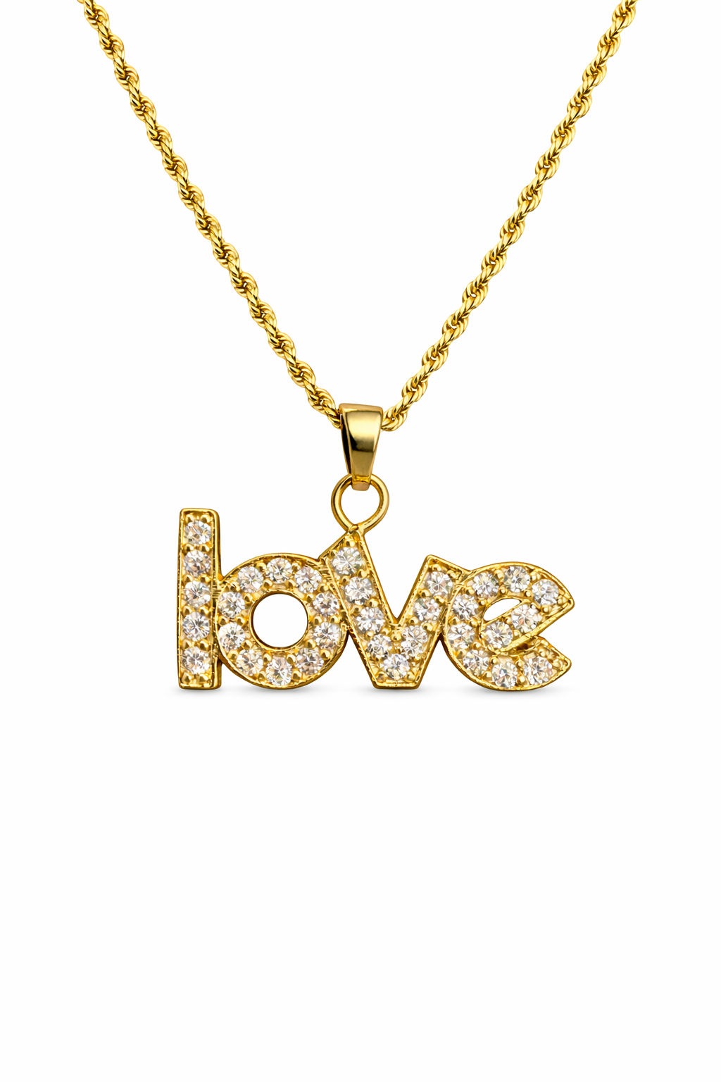 Collar LOVE en oro 10K con zirconias brillantes, joyería ROMA, diseño elegante y sofisticado para ocasiones especiales.