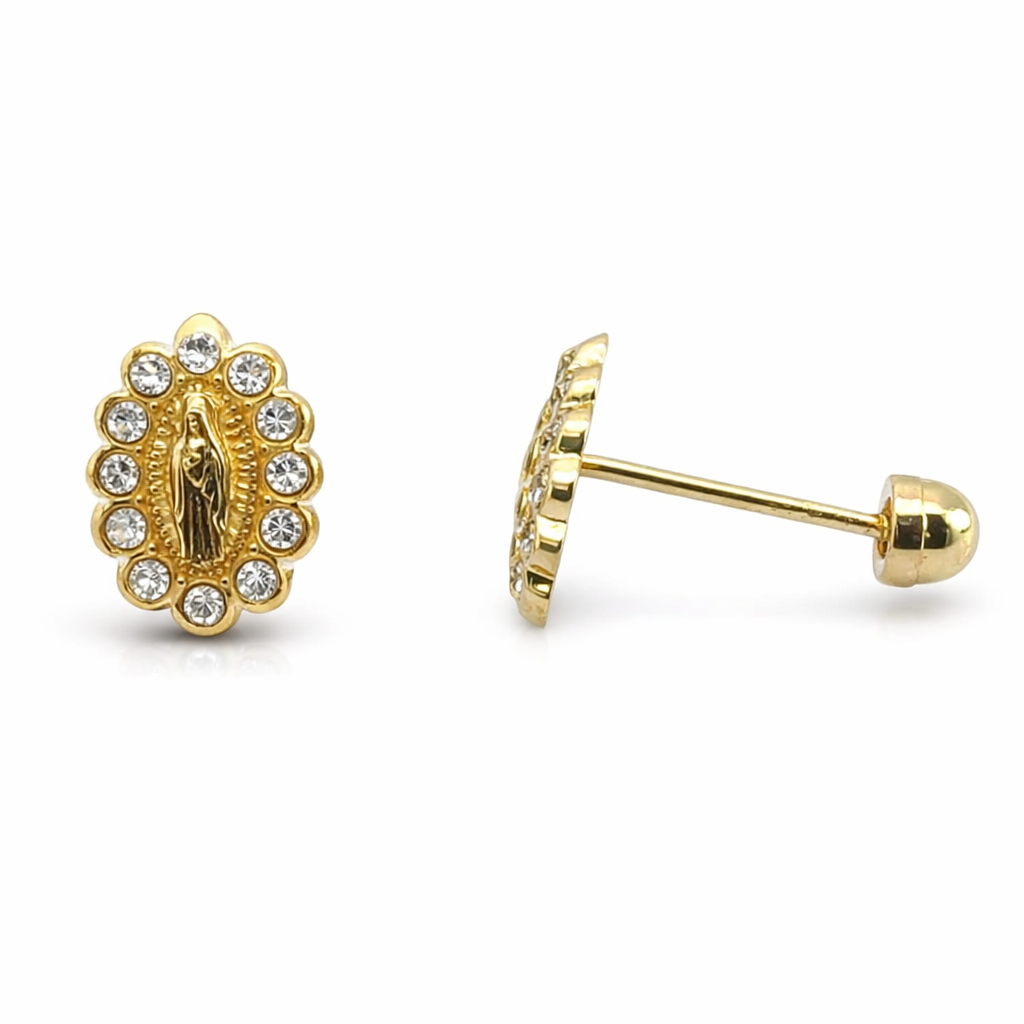 Broquel Virgen en oro 10K con zirconias, joyería elegante con detalles religiosos y brillo brillante.