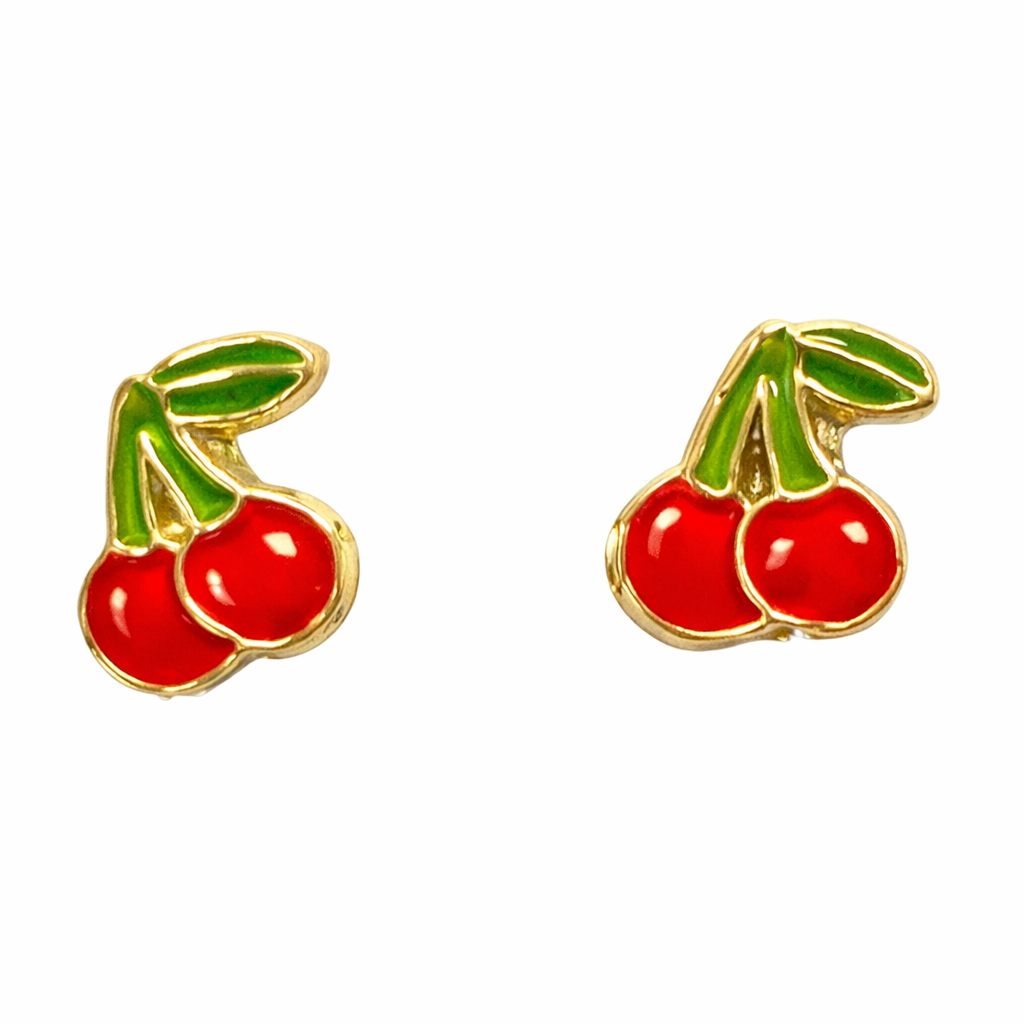 Broquel de cerezas esmaltadas en oro de 10 quilates de Joyería ROMA, con diseño colorido y detalles brillantes.