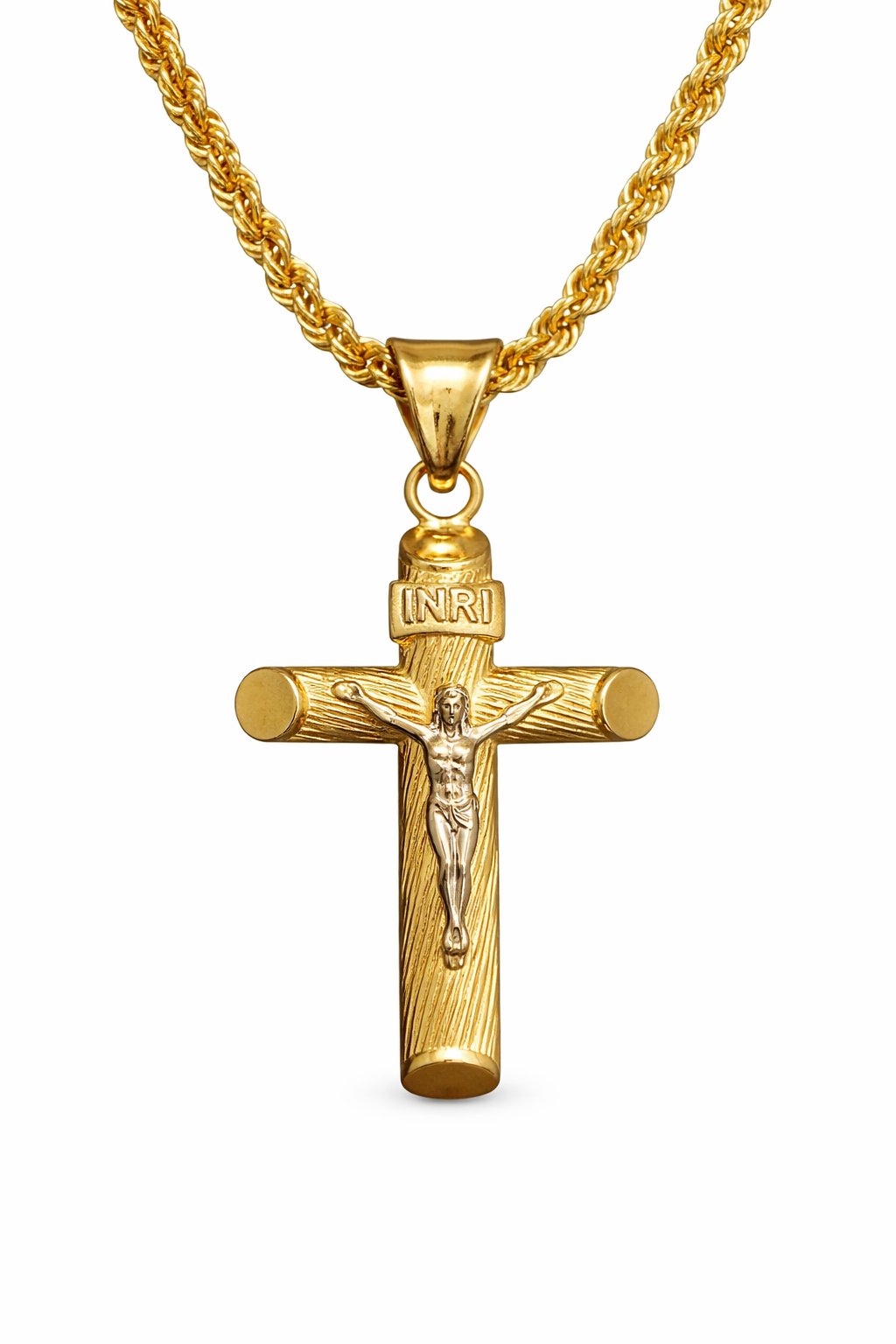 Cruz con Cristo de oro 10K de Joyería ROMA, colgante elegante con detalles religiosos en oro amarillo brillante.