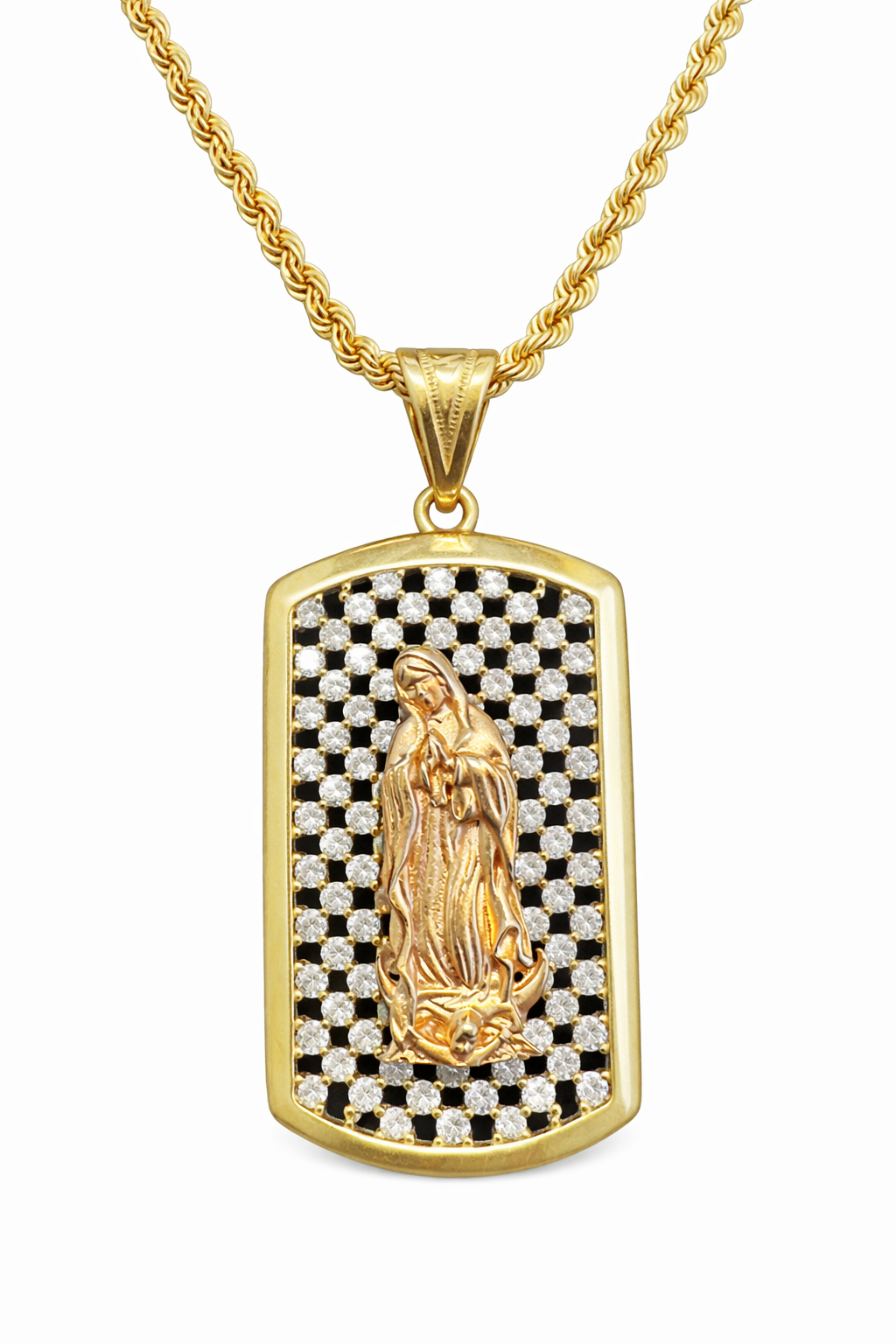 Virgen con fondo de zirconias en oro 10K, joyería Roma, con detalles brillantes y diseño elegante.