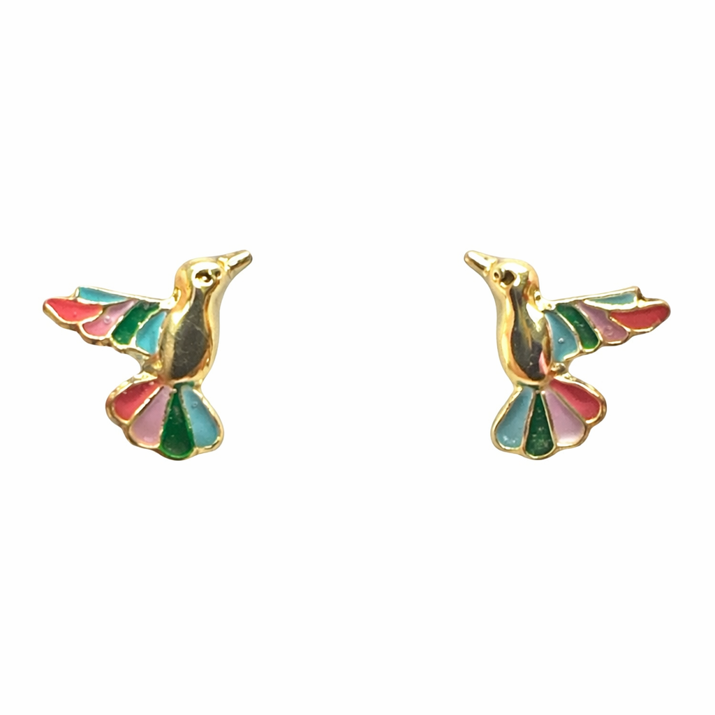 Broquel de colibrí con esmalte en oro 10K de Joyería ROMA, diseño delicado y colorido, para uso decorativo o como accesorio.