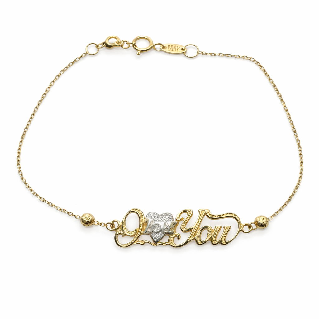 Pulsera de oro 10K con dije de corazón y mensaje "I Love You" en joyería Roma, elegante y delicada.