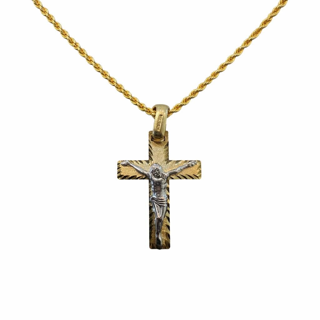 Cruz con Cristo Bicolor Texturizado 14K
