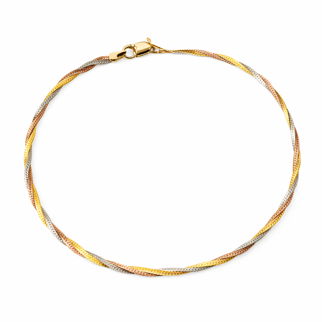 Pulsera torzal tricolor en oro 10K de Joyería Roma, con diseño entrelazado en tonos dorados, visible en la imagen.