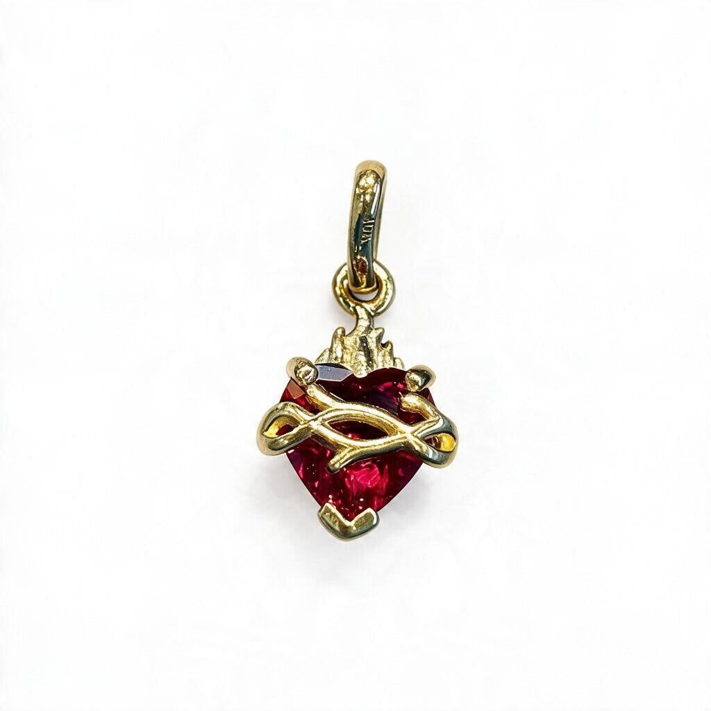 Dije de Sagrado Corazón con Piedra Roja en Oro 10K