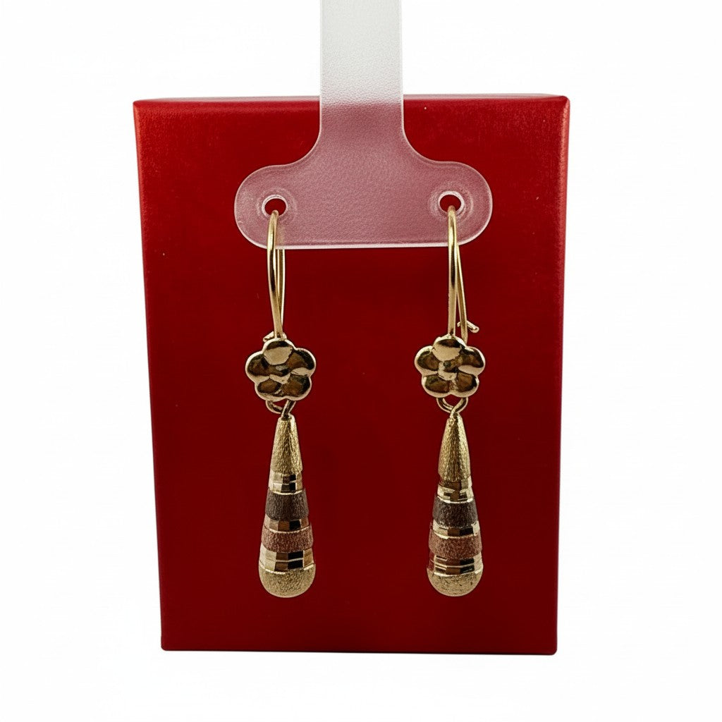 Aretes Largos Pensamiento Tricolor de Oro 10K