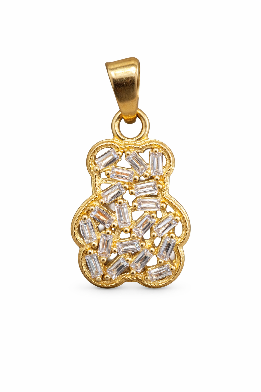 Oso de oro 10K con zirconias, joyería elegante y detallada, diseñado por Joyería ROMA.