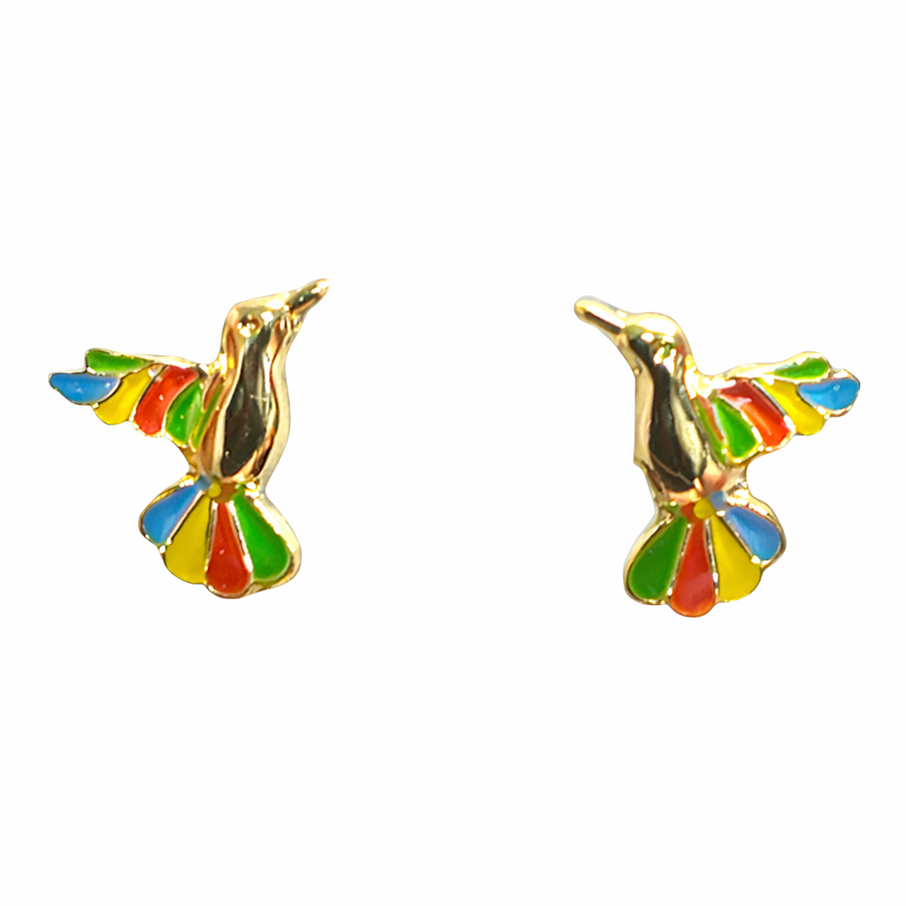 Broquel de colibrí con esmalte en oro 10K, diseño delicado y colorido, joyería ROMA