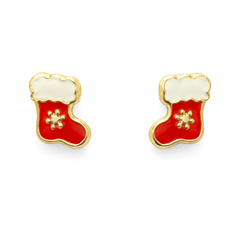 Broquel navideño esmaltado en oro de 10K con diseño festivo, elaborado por Joyería ROMA.