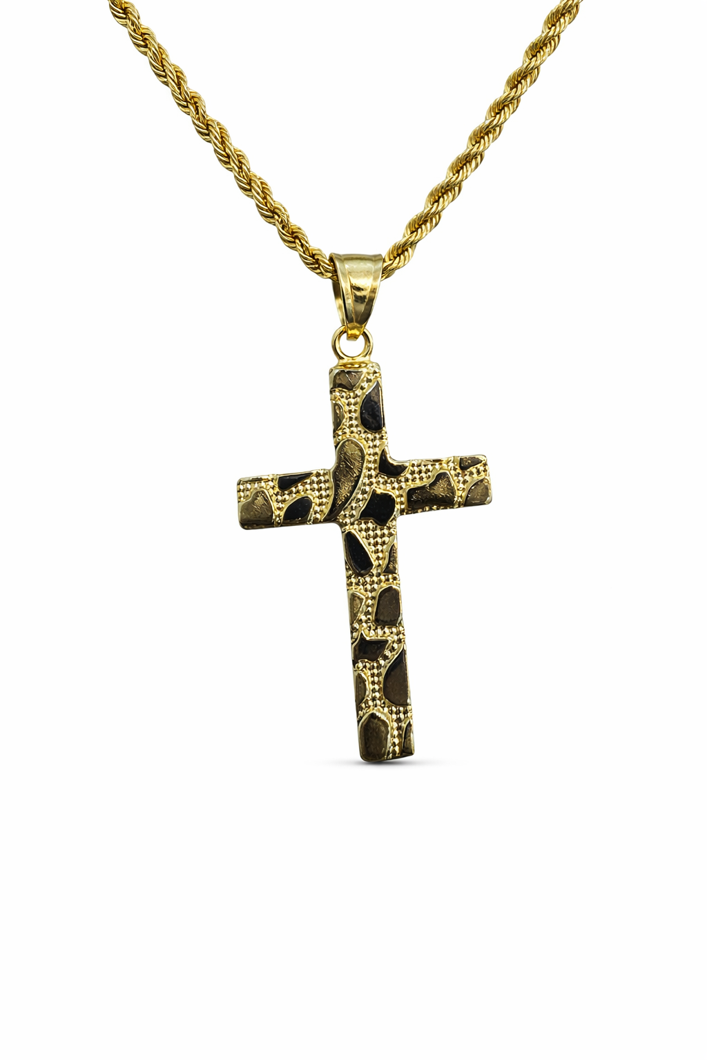 Cadena de cruz en oro 10K de Joyería ROMA, diseño clásico y elegante, visible en la imagen.