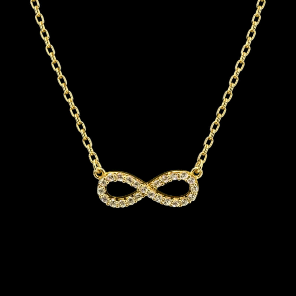 Gargantilla infinito con zirconias en oro 10K, joyería ROMA, con diseño elegante y brillante en el centro.