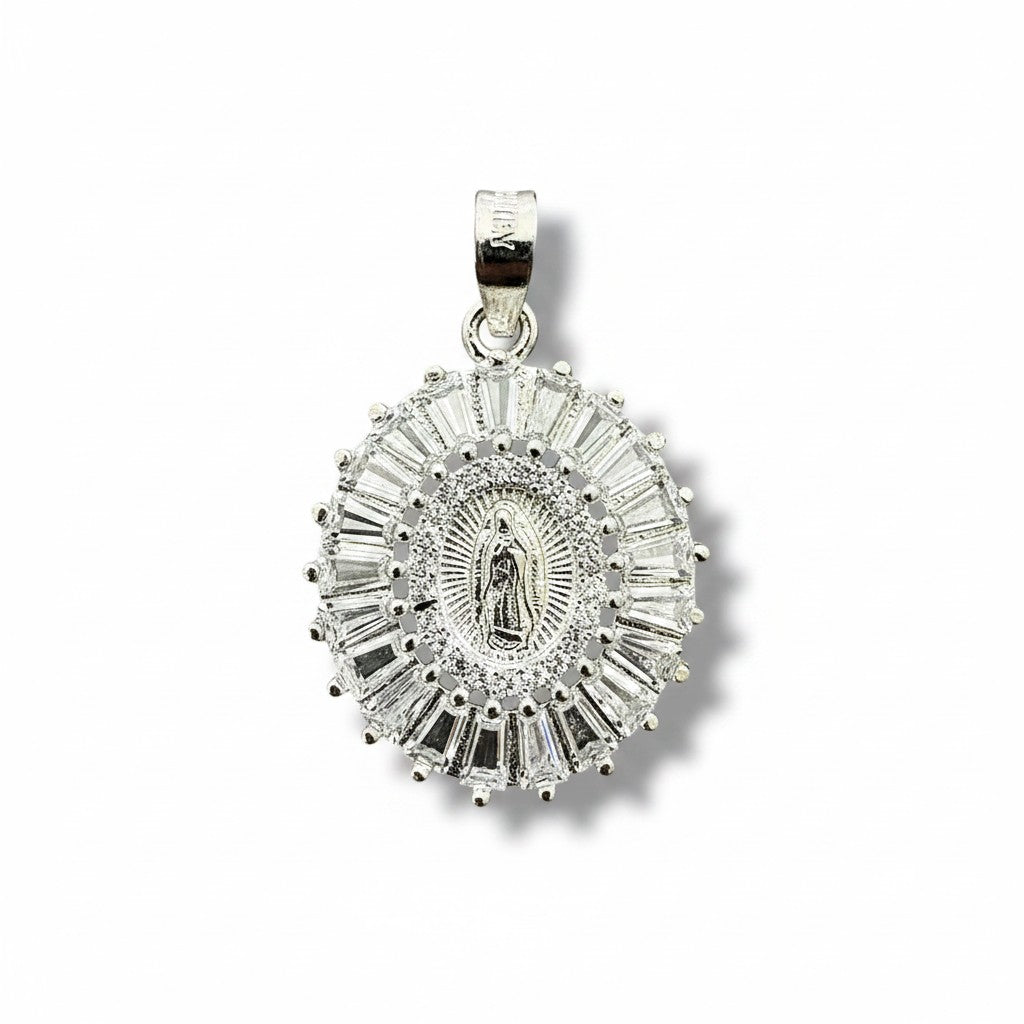 Dije Redondo Virgen de Guadalupe con Zirconias Baguette – Plata .925