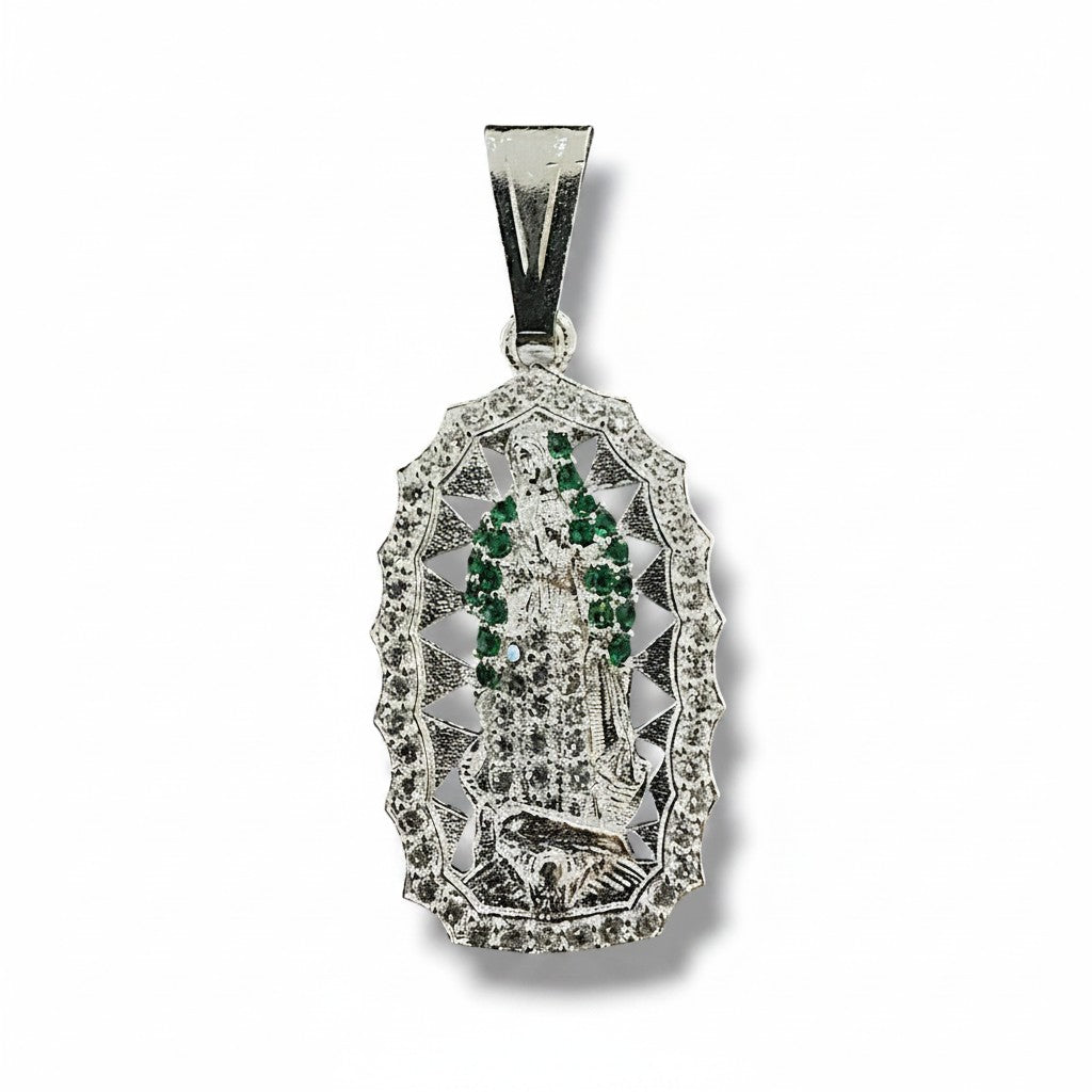 Dije Virgen de Guadalupe con Zirconias Verdes – Plata .925