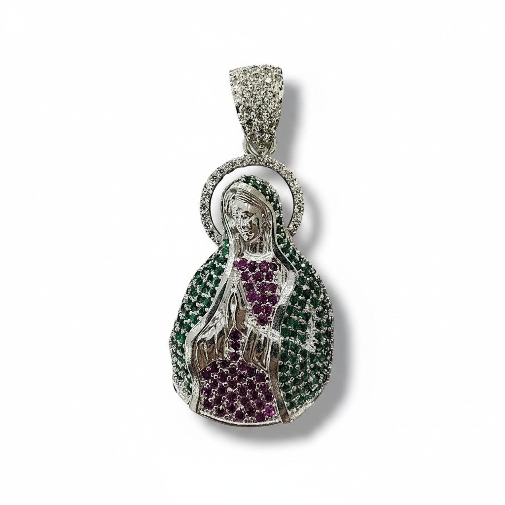 Dije Virgen de Guadalupe Premium con Zirconias Verdes y Rubí – Plata .925