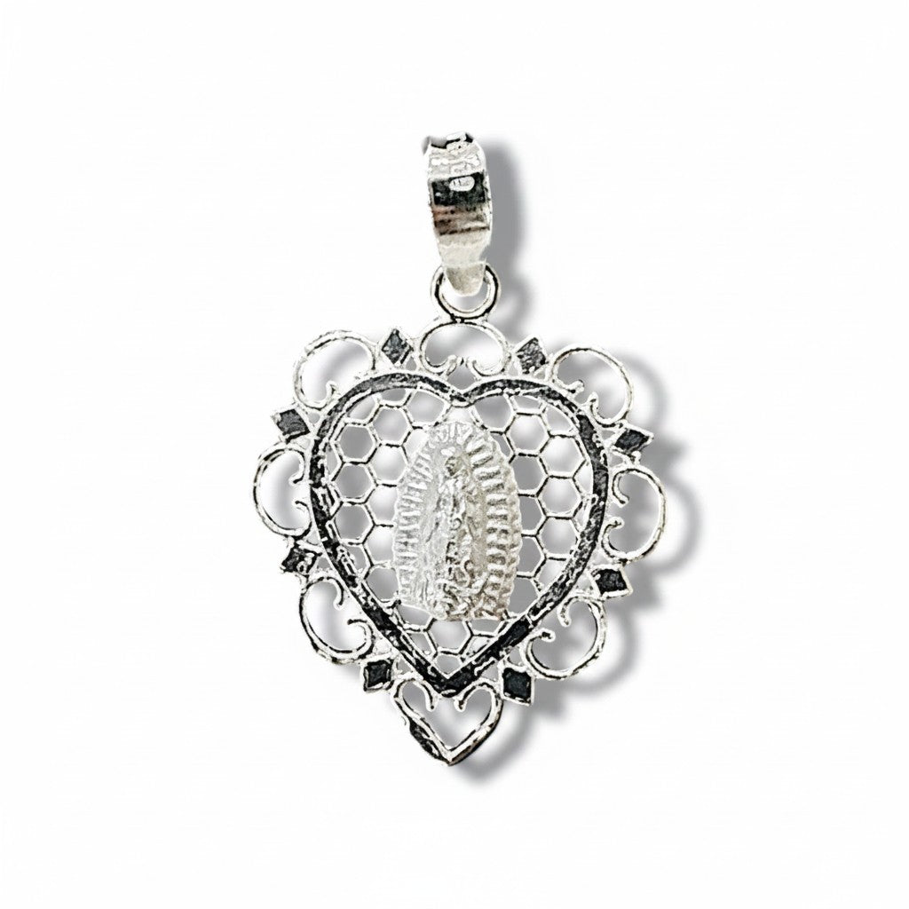 Dije Corazón Calado con Virgen de Guadalupe – Plata .925