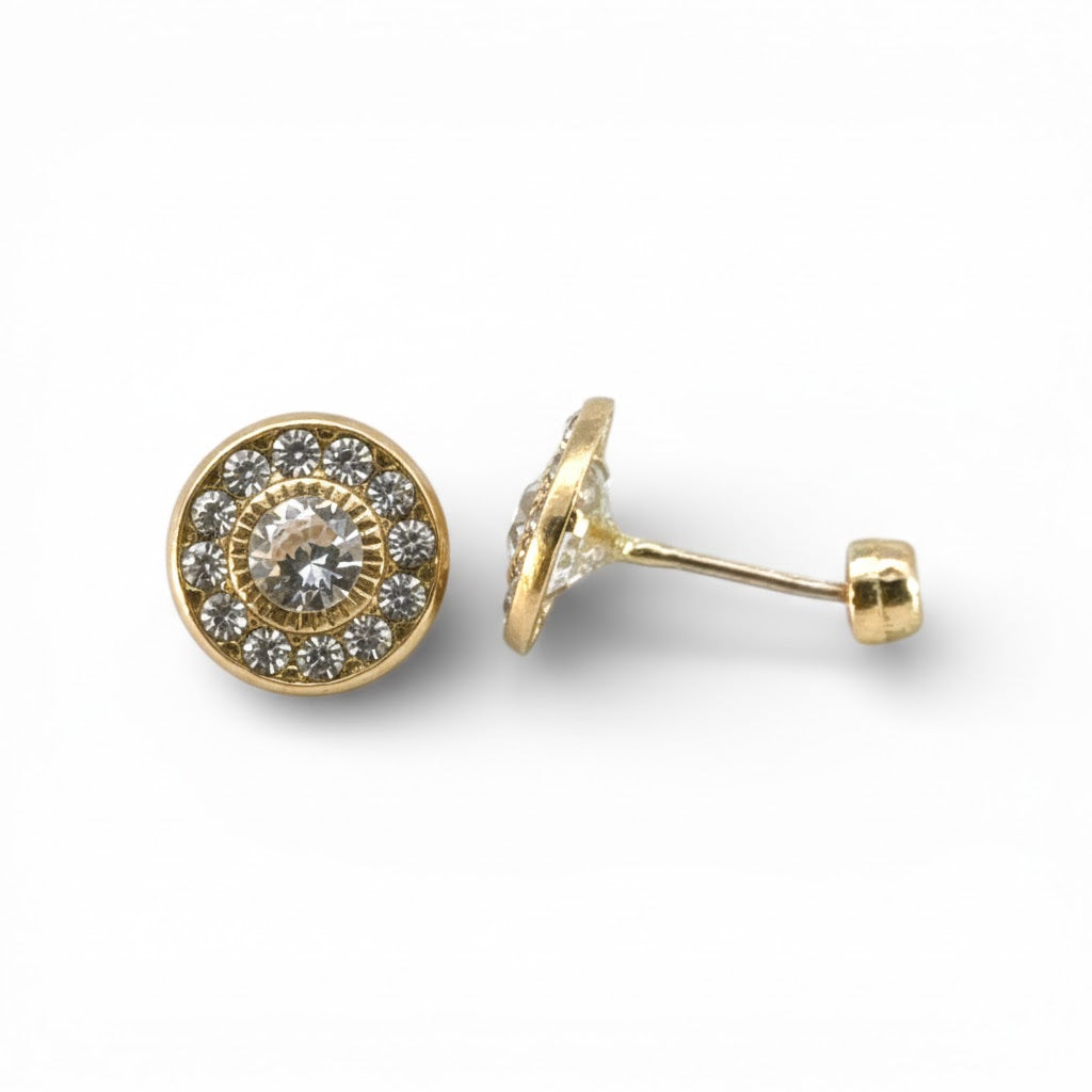 Broquel tipo giratiempo con zirconias en oro de 10K, joyería Roma, muestra detalles brillantes y diseño elegante.