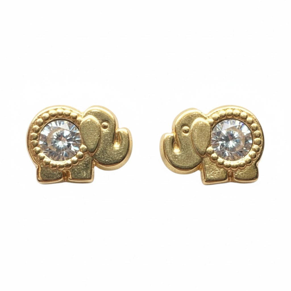 Broquel de elefante con zirconia en oro 10K, joyería ROMA, diseño delicado y elegante para uso diario.