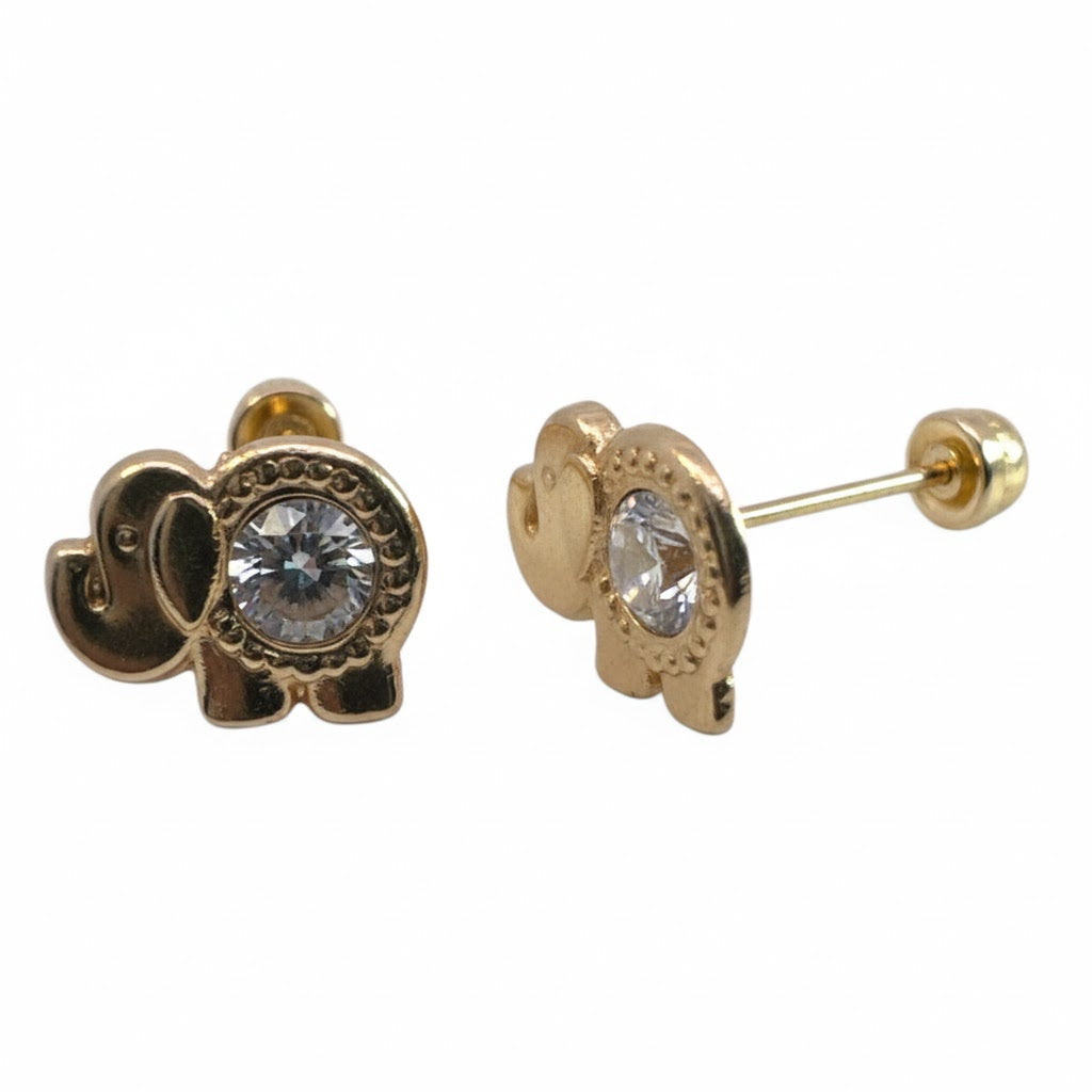 Broquel con forma de elefante en oro 10K con zirconias, joyería ROMA, detalle de la pieza brillante y elegante en imagen.