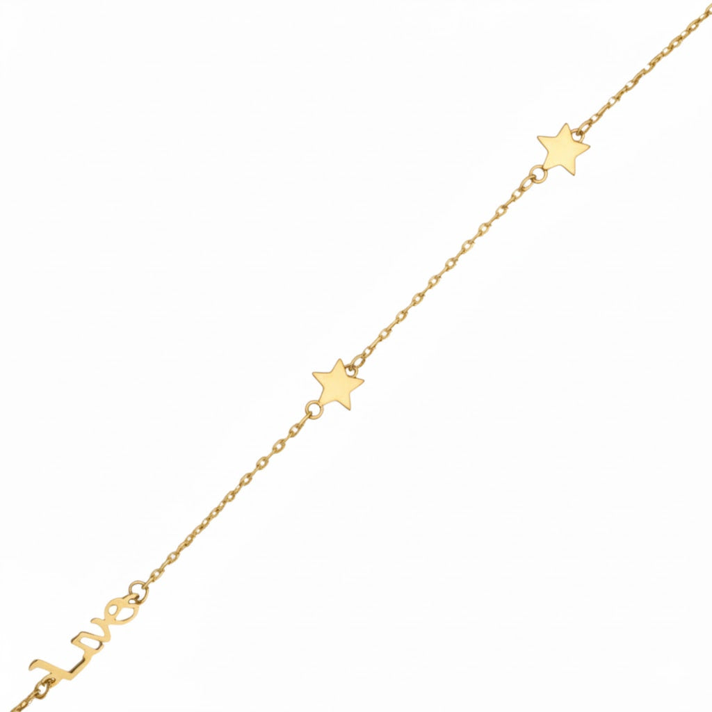 Pulsera Love y Estrellas en oro de 10K de Joyería ROMA, con diseño delicado y detalles en forma de estrellas.