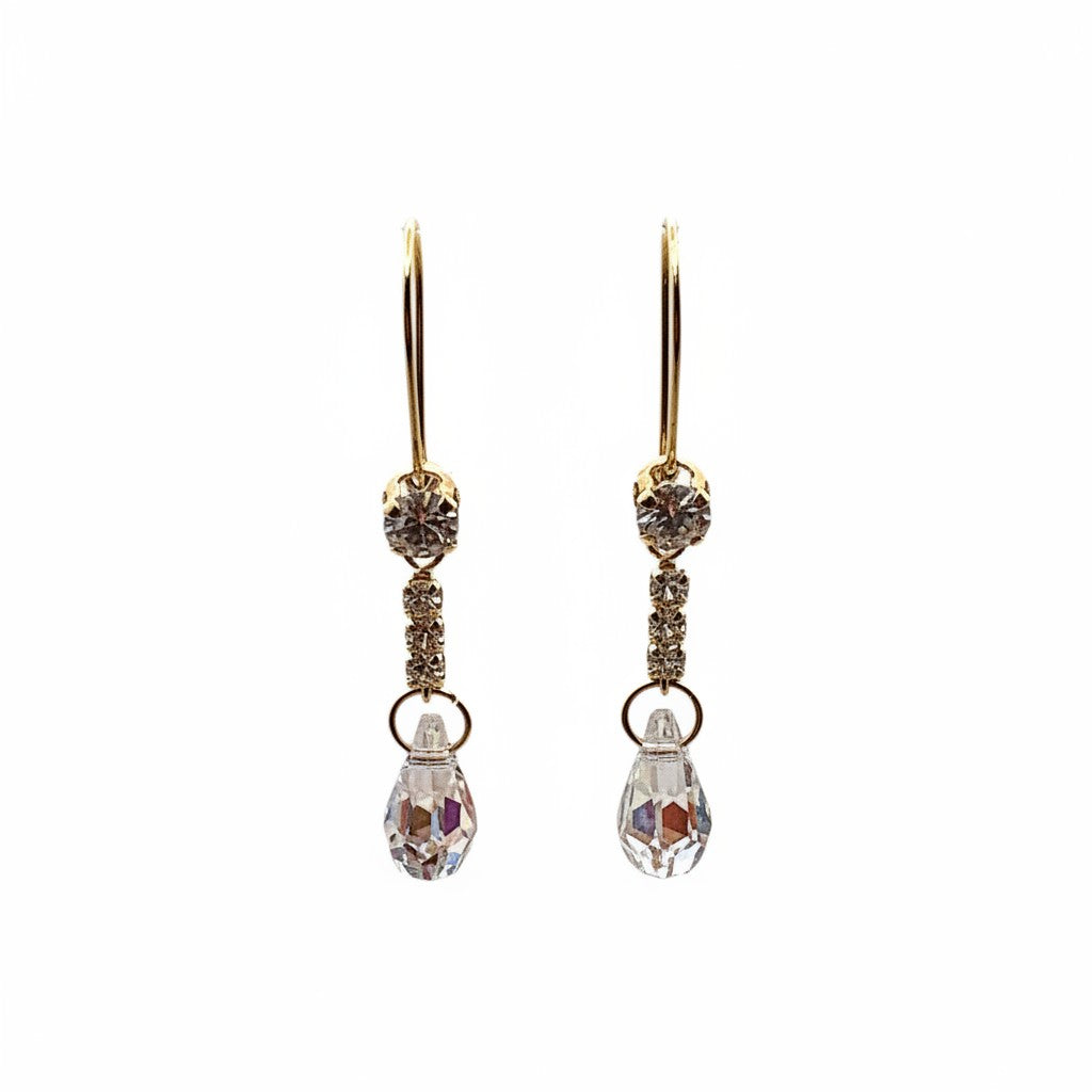 Aretes Largos de Oro 10K con Gota de Cristal