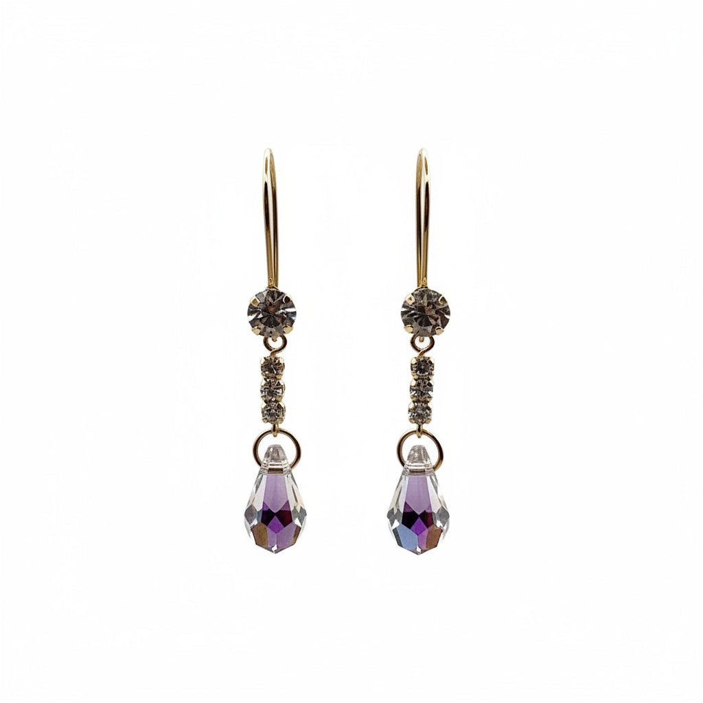 Aretes Largos de Oro 10K con Gota de Cristal