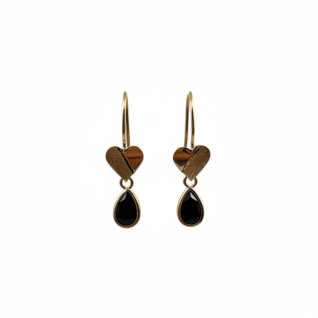 Aretes de Oro 10K con Corazón y Gota Negra
