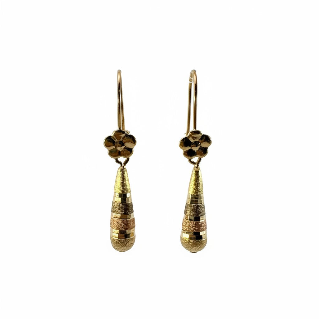 Aretes Largos Pensamiento Tricolor — Oro 10K