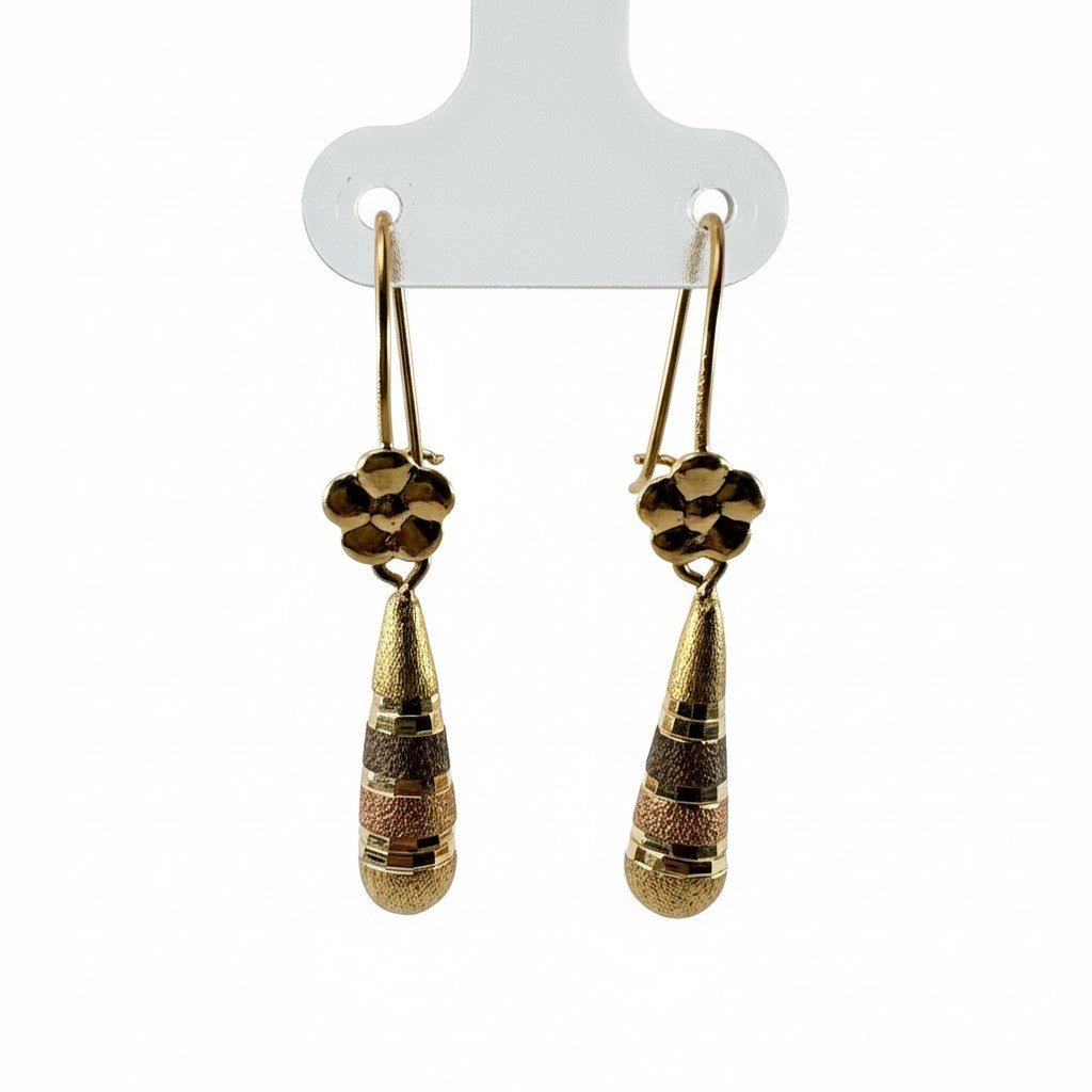 Aretes Largos Pensamiento Tricolor — Oro 10K