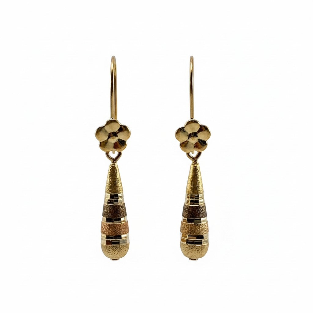 Aretes Largos Pensamiento Tricolor — Oro 10K
