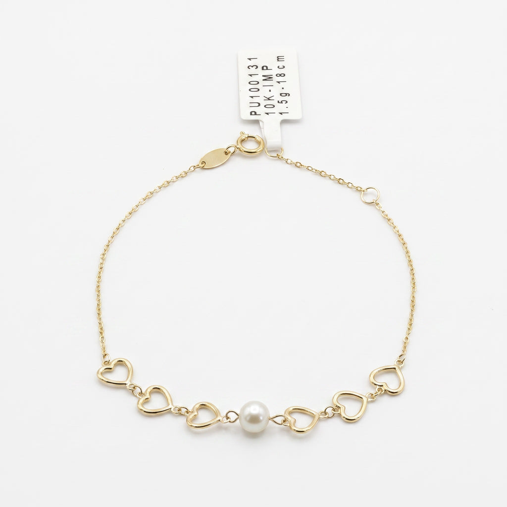 Pulsera Corazones con Perla de Oro 10K
