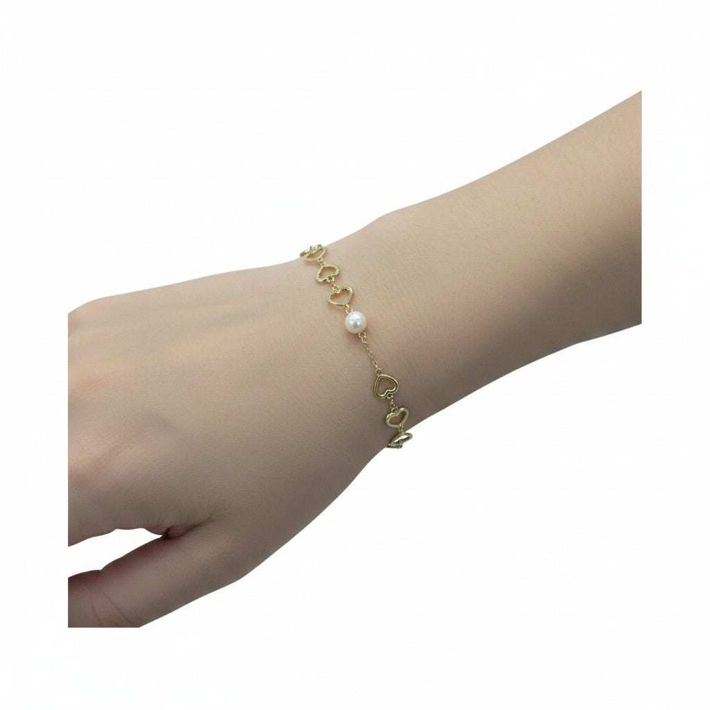 Pulsera Corazones con Perla de Oro 10K