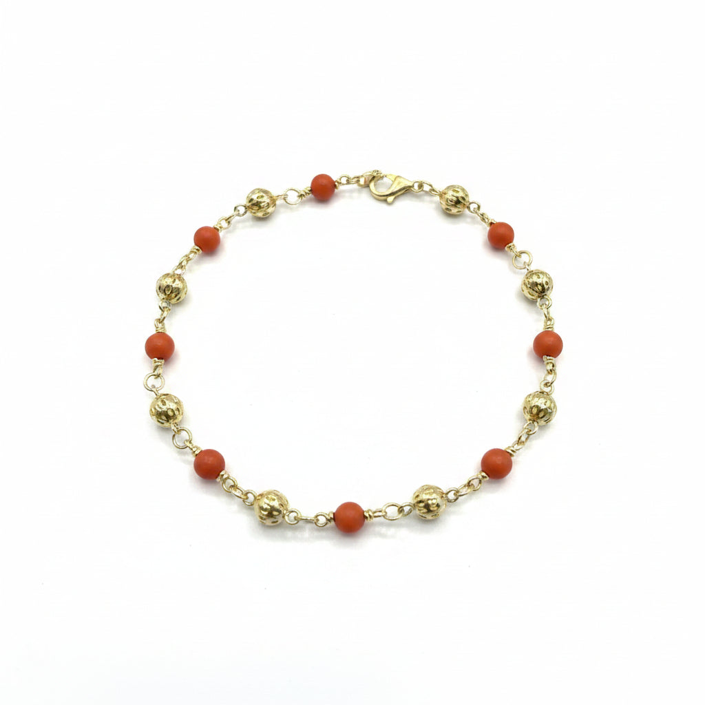Pulsera con Esferas y Coral Rojo de Oro 10K