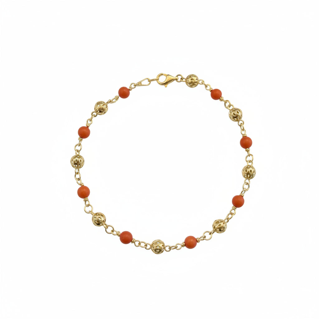 Pulsera con Esferas y Coral Rojo de Oro 10K