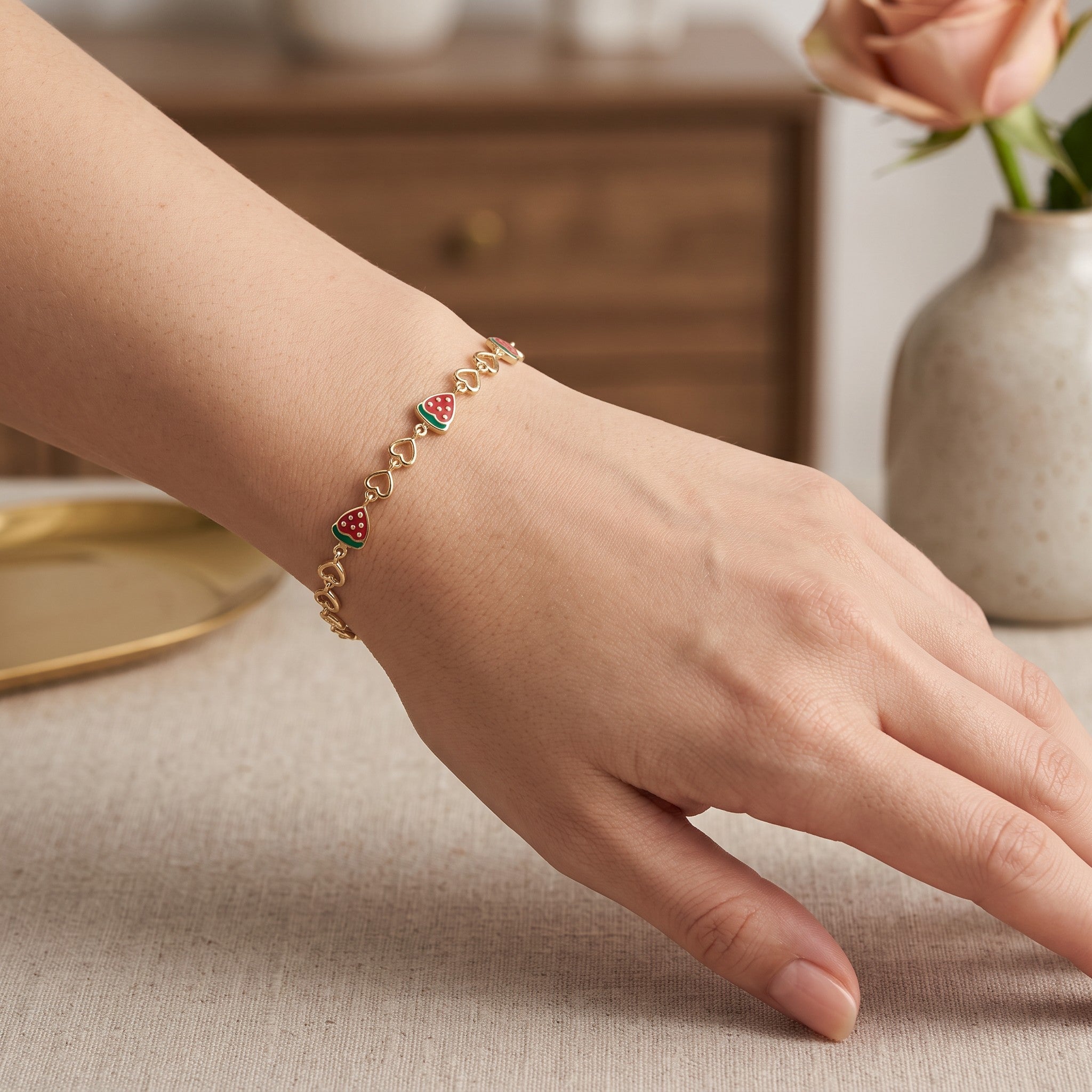Pulsera Sandías y Corazones de Oro 10K