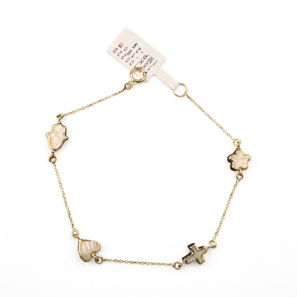 Pulsera Mano de Fátima, Corazón, Cruz y Flor de Oro 10K