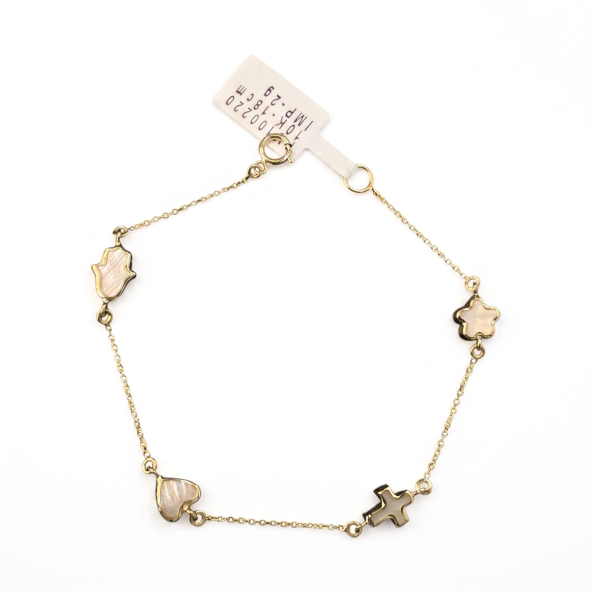 Pulsera Mano de Fátima, Corazón, Cruz y Flor de Oro 10K