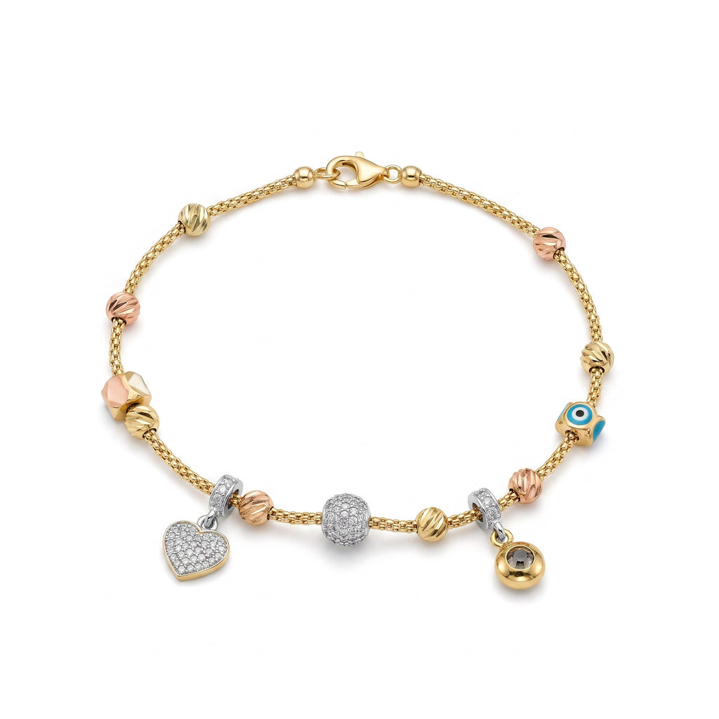Pulsera Corazón y Ojo Turco de Oro 10K