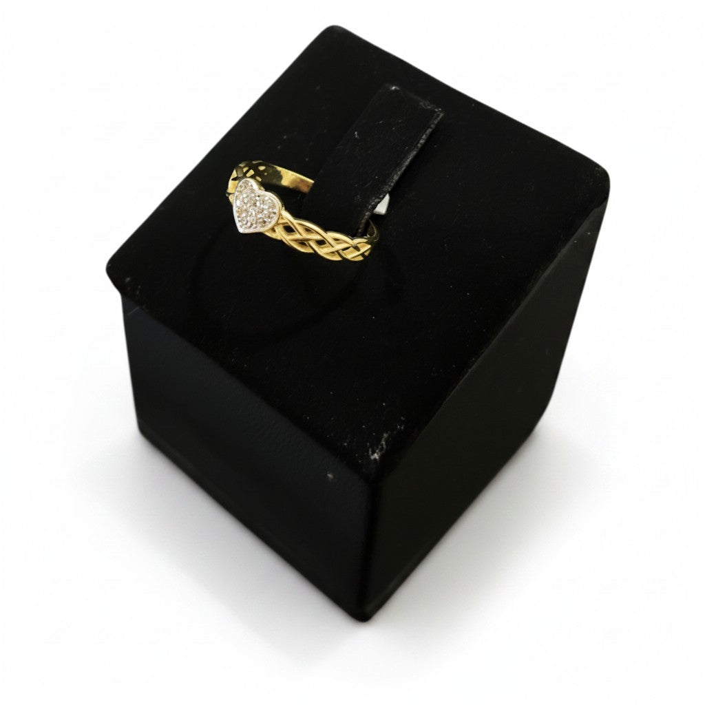 Anillo de Oro 10K Corazón con Zirconias y Diseño Entrelazado