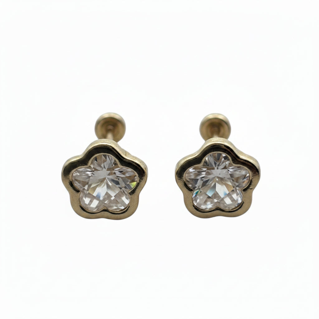 Broqueles Flor Bisel con Zirconia Oro 10K