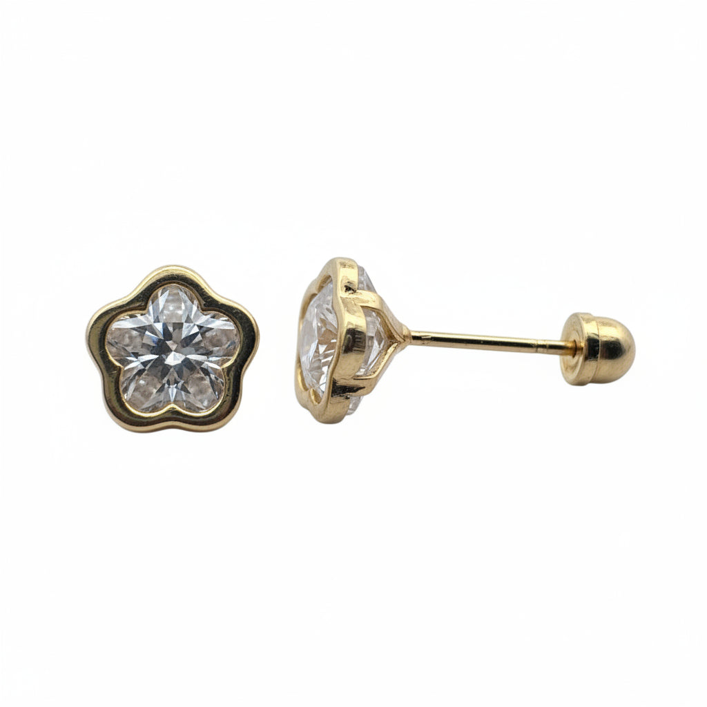 Broqueles Flor Bisel con Zirconia Oro 10K