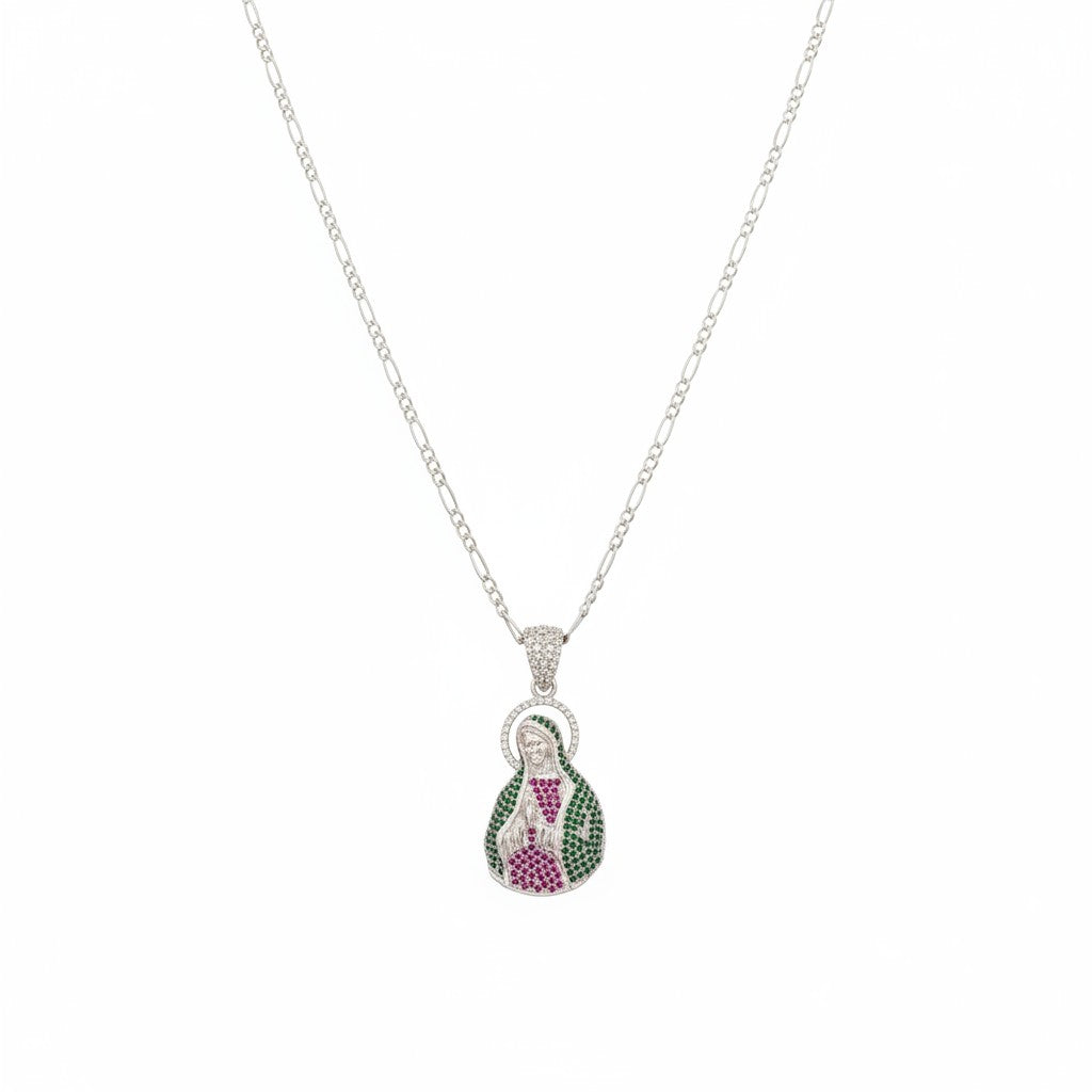 Dije Virgen de Guadalupe Premium con Zirconias Verdes y Rubí – Plata .925