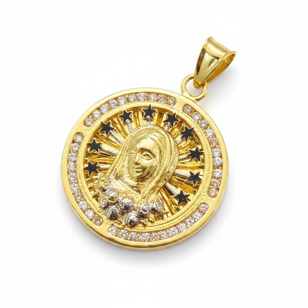 Medalla de oro 10K con Virgen y estrellas, joyería ROMA, detalles finos y diseño elegante en la imagen.