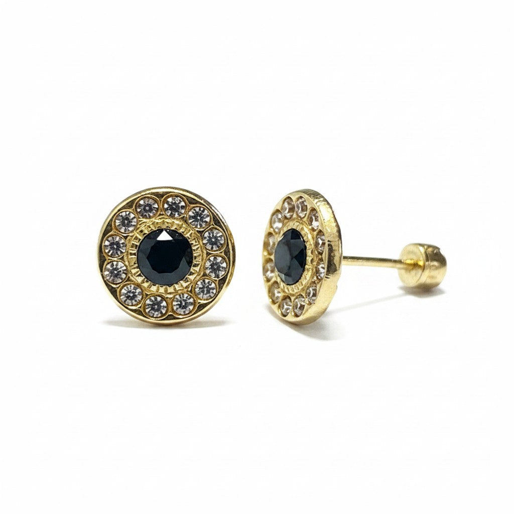 Broquel tipo giratiempo con zirconias en oro de 10 quilates, joyería Roma, muestra el diseño y brillo del accesorio.