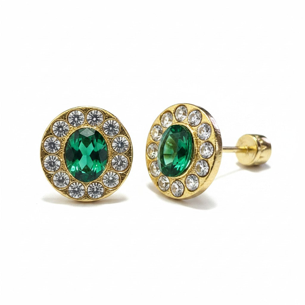 Broquel tipo giratiempo con zirconias en oro 10K de Joyería ROMA, muestra el diseño elegante y brillante del accesorio.