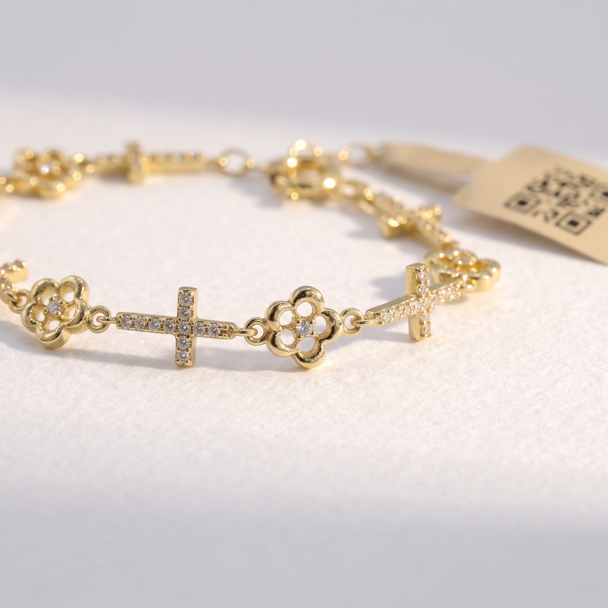 Pulsera Flores y Cruces con Zirconias de Oro 10K