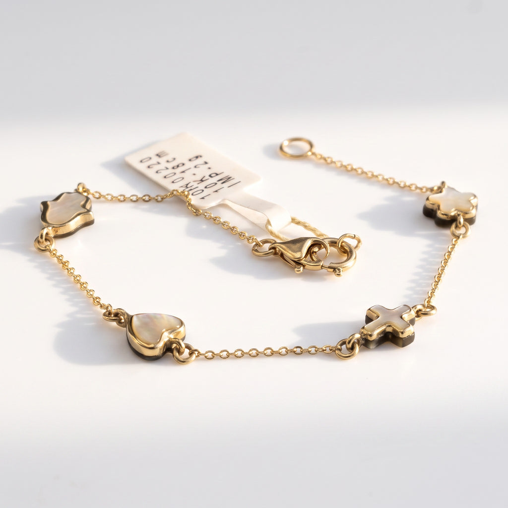 Pulsera Mano de Fátima, Corazón, Cruz y Flor de Oro 10K