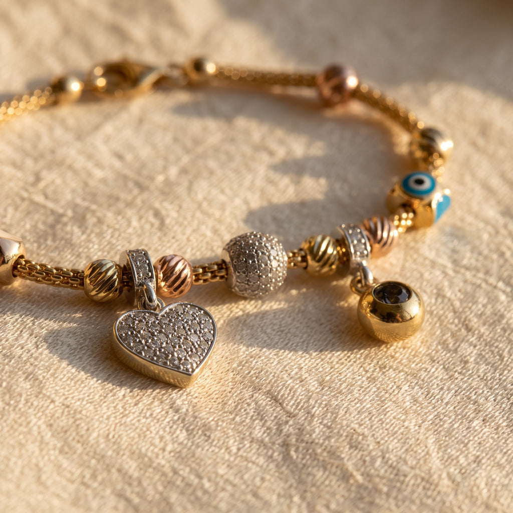 Pulsera Corazón y Ojo Turco de Oro 10K