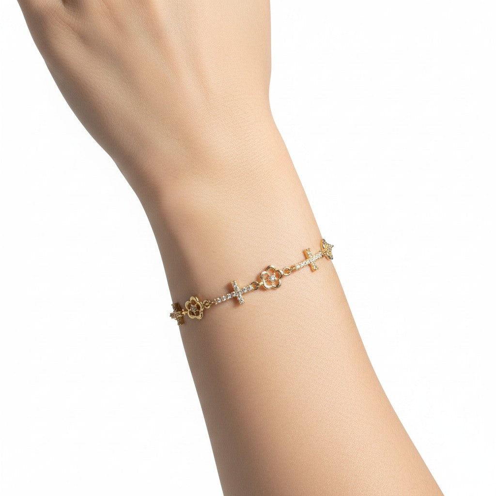 Pulsera Flores y Cruces con Zirconias de Oro 10K